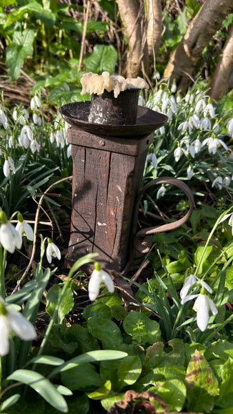 Unusual Antique French 19th Century Rustic Oak & Wrought Iron Candle Holder