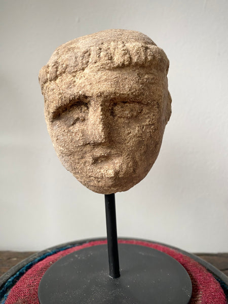 A Curious Antique Carved Stone Monk’s Head On Modern Stand Housed Within A 19th Century Glass Display Dome