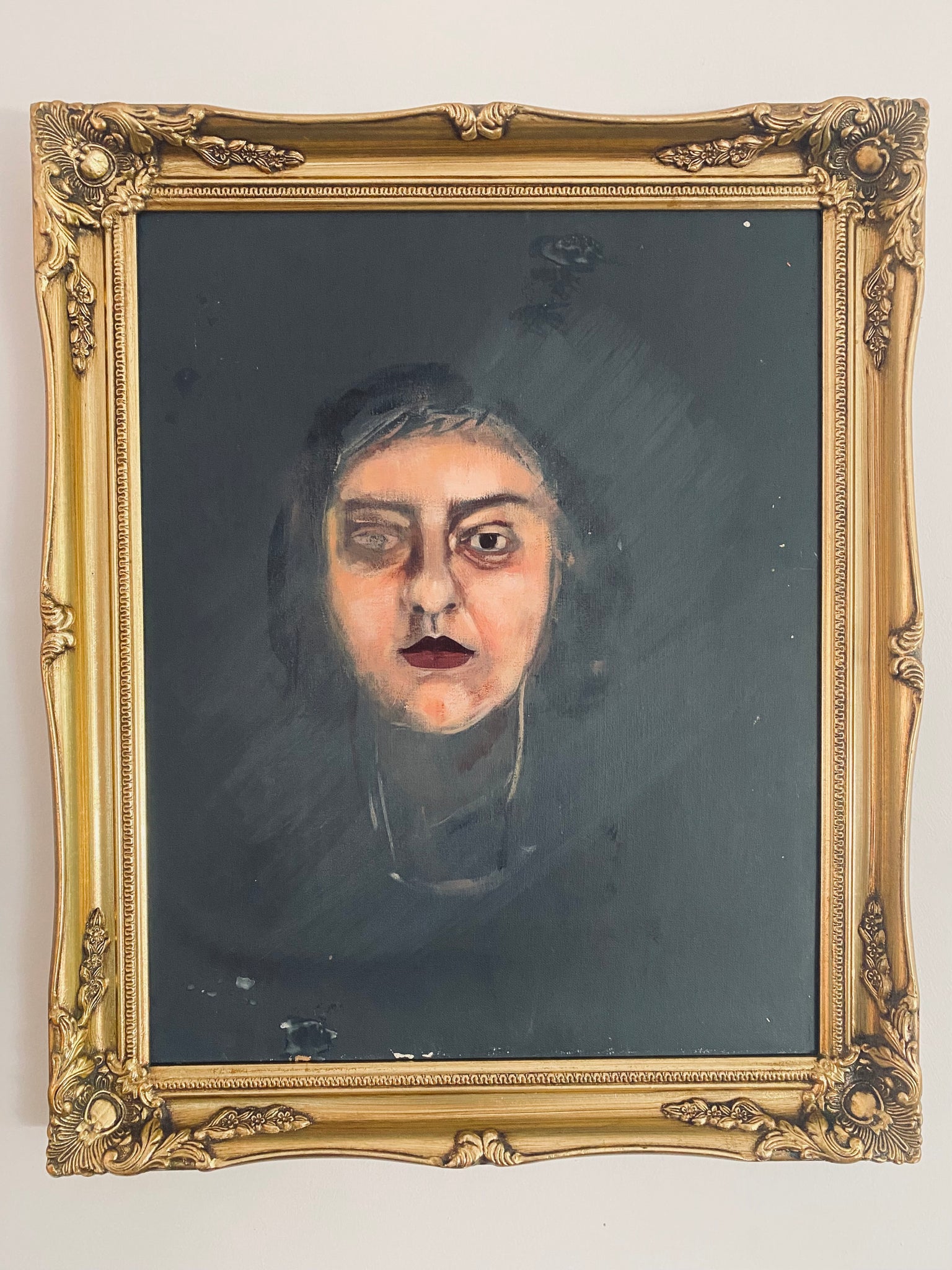 Creepy Framed Vintage Portrait Painting Of A Woman London Art School