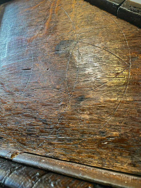 Antique 17th Century Oak Bible Box Dated 1654, Initialled, Heavily Carved, Cryptic Text & Symbols, Faint Protection Mark To One Side