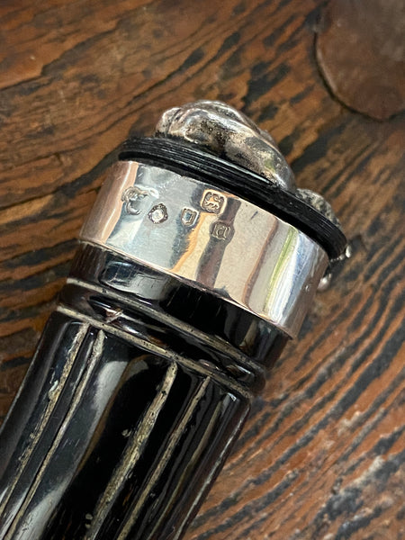 Rare Antique 19th Century Carved Horn & Sterling Silver Snuff Mull With Mysterious Allegorical Silver Head - Source Vintage