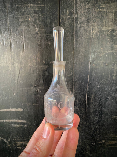 Antique Late 19th-Early 20th Century Miniature Engraved Glass Ketchup Bottle