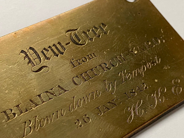 Curious Antique Victorian Brass Plaque Dedicated To A Yew Tree Blown Down By Storm Tempest 1842