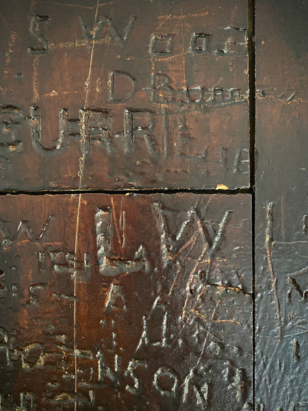 Rare Late 19th-Early 20th Century Heavily Graffitied Section Of A Leeds Grammar School Desk Founded 1552