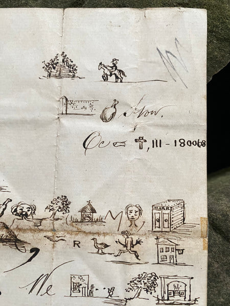 Rare Late 19th Century Handwritten Rebus Love Letter, A Type Of Coded Pictogram Message