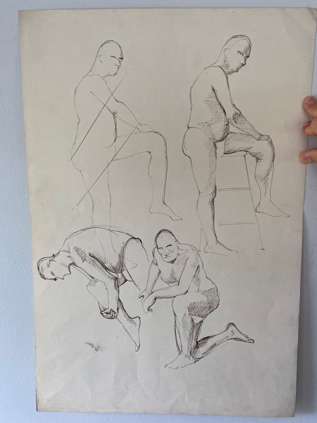 Vintage Double Sided Pen & Pencil Life Drawings Portraits Of A Nude Man