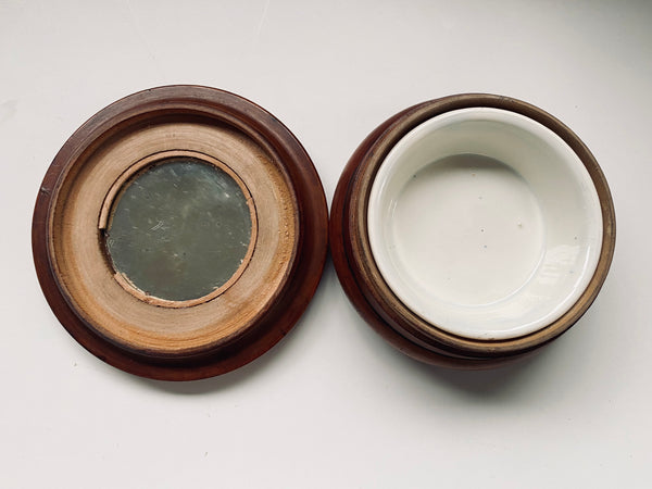 Antique Victorian Treen Campaign Travel Shaving Pot Complete With Ceramic Liner & Mirror