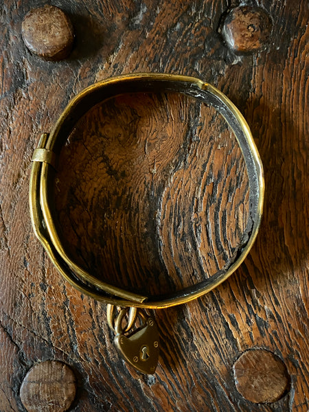 Antique 19th Century Brass & Leather Monkey Collar With Padlock - Source Vintage