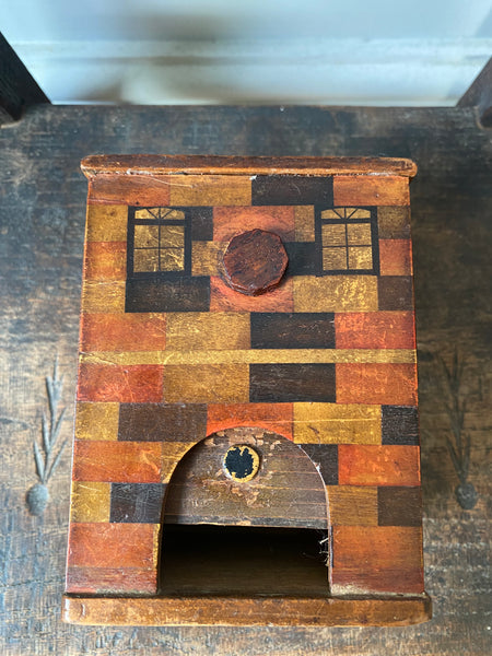 Antique Early 20th Century American Folk Art Treen Money Box In The Form Of A Fire Station With Mechanical Door