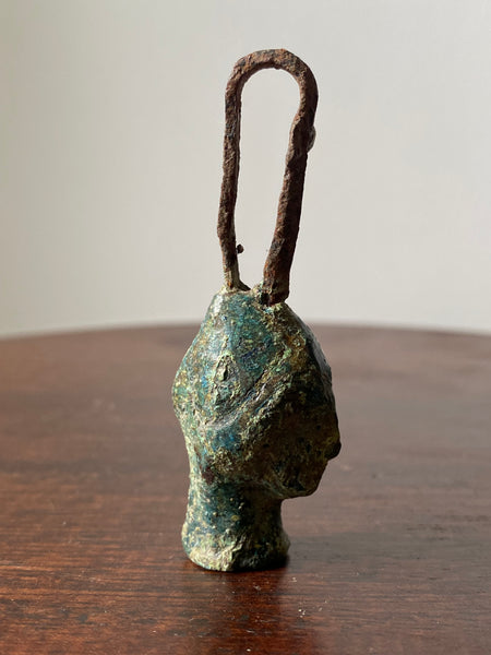 Rare Ancient Roman Bronze Head Of A Religious Figure With An Iron Loop In The Form Of A Cross c.200 AD