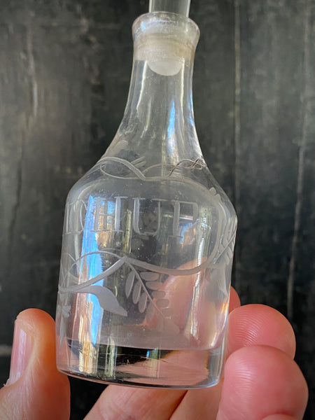 Antique Late 19th-Early 20th Century Miniature Engraved Glass Ketchup Bottle