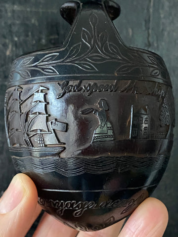 Rare Antique 19th Century Sailor’s Folk Art Carved Coconut With American & British Ensign Flags