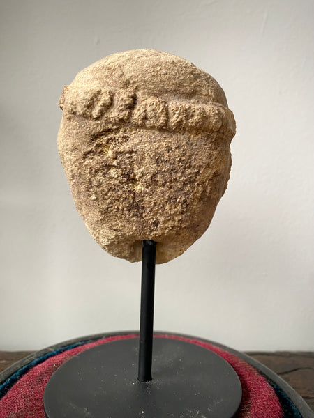 A Curious Antique Carved Stone Monk’s Head On Modern Stand Housed Within A 19th Century Glass Display Dome