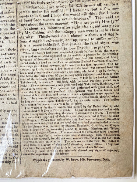 Rare Antique 19th Century Execution Broadside For The Execution Of Arthur Thistlewood and the Cato Street conspirators 1820