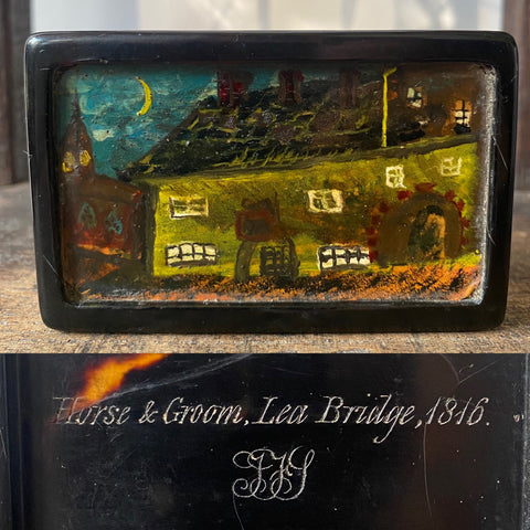 Antique 19th Century Snuff Box With Naive Period Painting Of The ‘Horse & Groom’ Pub, Lea Bridge, Engraved Inside & Dated 1816
