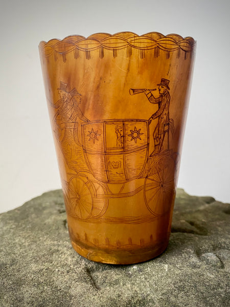 Rare Antique Early 19th Century Folk Art Engraved Horn Beaker Relating To The ‘Salisbury Lion Attack’ In 1816