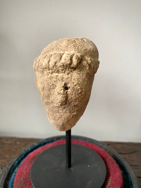 A Curious Antique Carved Stone Monk’s Head On Modern Stand Housed Within A 19th Century Glass Display Dome