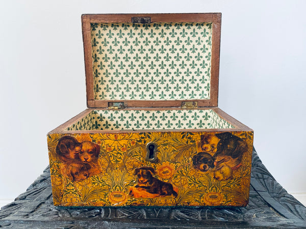 Antique Victorian Decoupage Box With Charming Pet Dog Theme