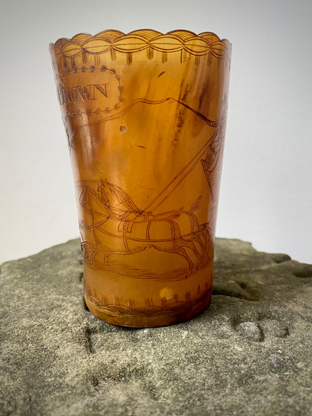 Rare Antique Early 19th Century Folk Art Engraved Horn Beaker Relating To The ‘Salisbury Lion Attack’ In 1816