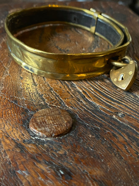 Antique 19th Century Brass & Leather Monkey Collar With Padlock - Source Vintage