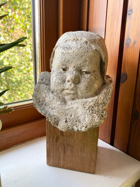 Heavy Antique 19th-Early 20th Century Composite Stone Baby Sculpture On Oak Plinth