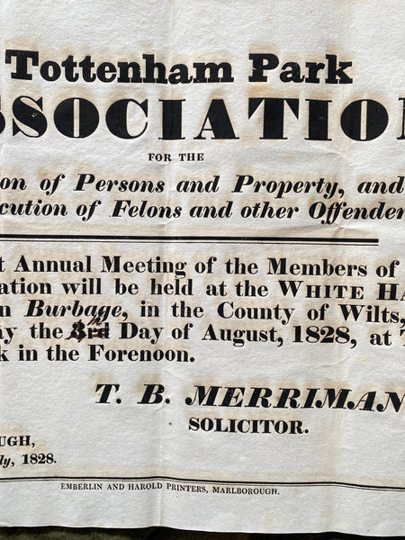 Antique 19th Century ‘Protection Associations’ Meeting Notice Poster 1828