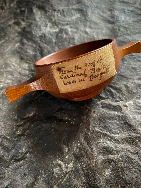Curious 19th C. Treen Quaich & Period Label Stating From Roof Of Cardinal Beaton’s House, Cowgate, Edinburgh
