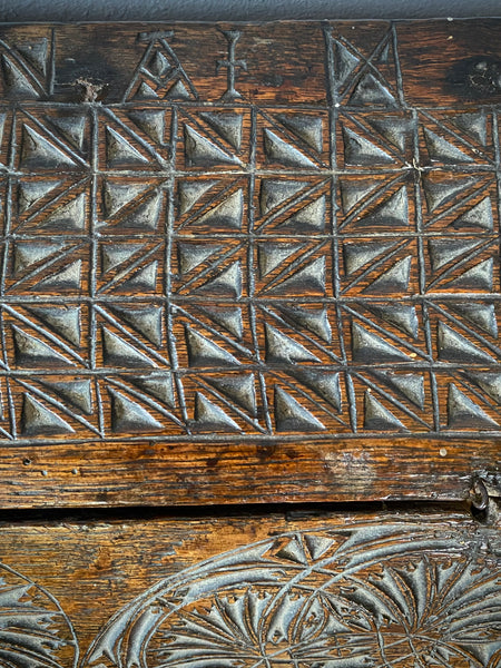 Antique 17th Century Oak Bible Box Dated 1654, Initialled, Heavily Carved, Cryptic Text & Symbols, Faint Protection Mark To One Side