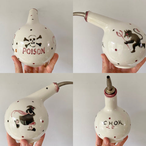 Vintage Early To Mid 20th Century Ceramic Pourer With Hand Painted Poison, Witch & Devil