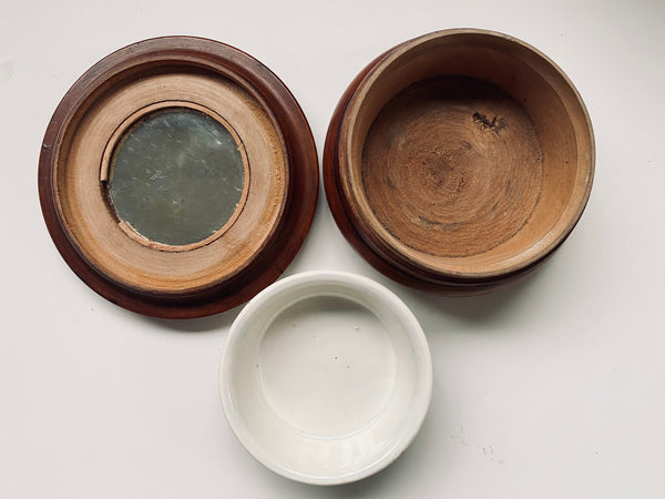 Antique Victorian Treen Campaign Travel Shaving Pot Complete With Ceramic Liner & Mirror