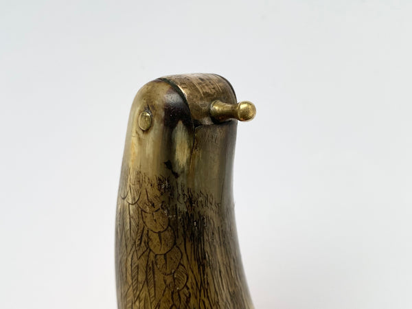 Antique 19th Century Carved Horn Game Keeper’s Snuff Mull With Swivel Dispenser Folk Art Bird Design