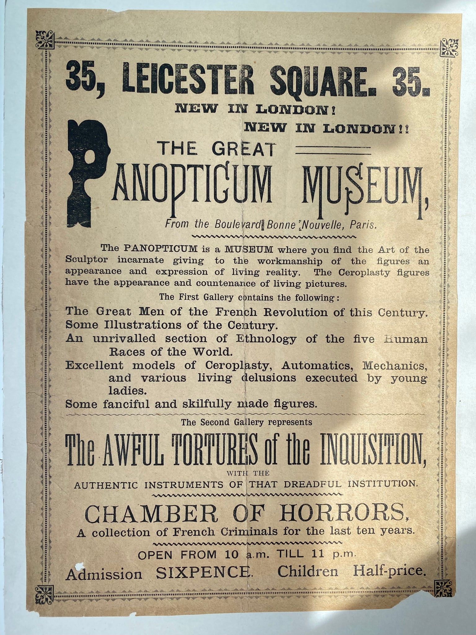 Rare Antique 19th Century Victorian Advertisement For The Great Panopticum Museum Of Curiosities & The Macabre