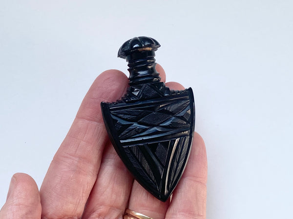 Rare Antique 19th Century Carved Whitby Jet Scent Bottle