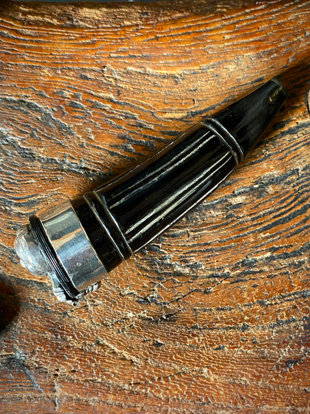 Rare Antique 19th Century Carved Horn & Sterling Silver Snuff Mull With Mysterious Allegorical Silver Head - Source Vintage