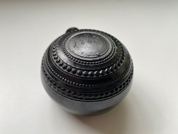 *RESERVED FOR KEVIN* Rare Antique Georgian Black Glass Bottle In The Form Of A Lawn Bowls Ball Initialled & Dated 1820