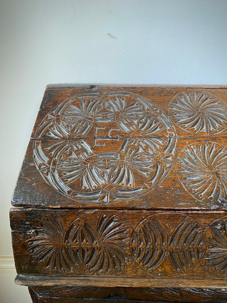 Antique 17th Century Oak Bible Box Dated 1654, Initialled, Heavily Carved, Cryptic Text & Symbols, Faint Protection Mark To One Side