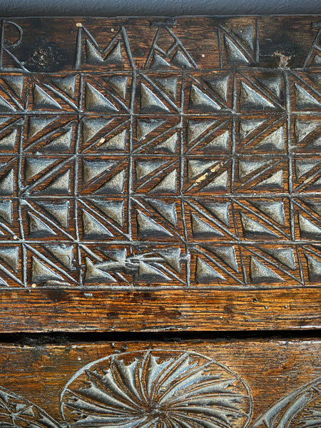 Antique 17th Century Oak Bible Box Dated 1654, Initialled, Heavily Carved, Cryptic Text & Symbols, Faint Protection Mark To One Side