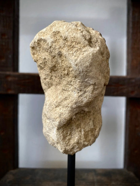 Antique Creepy Small Stone Figural Head Sculpture On Later Stand