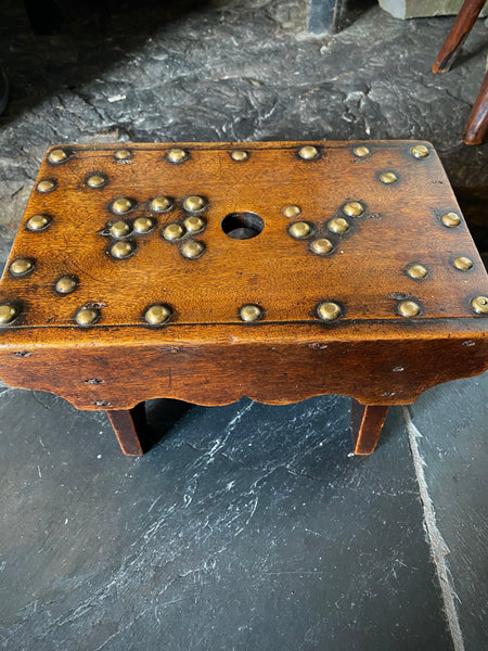 Unusual Antique 19th Century Solid Mahogany Stool With Brass Studs With Initials ‘R.V’ Possible Love Token