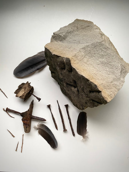 Grave Digger Collection Of An Early 19th C. Gravestone Fragment & Coffin Nails With Remnants Of Coffin Wood Of The Same Period