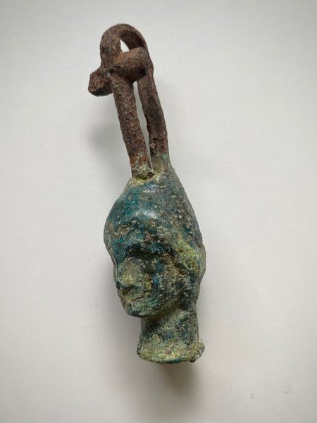 Rare Ancient Roman Bronze Head Of A Religious Figure With An Iron Loop In The Form Of A Cross c.200 AD