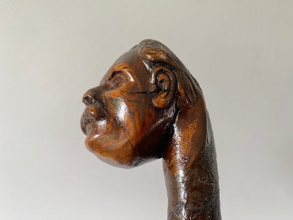 Rare Antique Early 20th Century Folk Art Hand Carved Figural Walking Stick In The Form Of Lloyd George