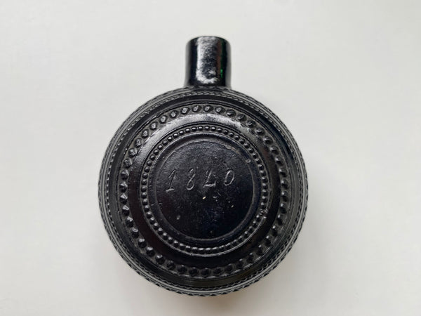 *RESERVED FOR KEVIN* Rare Antique Georgian Black Glass Bottle In The Form Of A Lawn Bowls Ball Initialled & Dated 1820