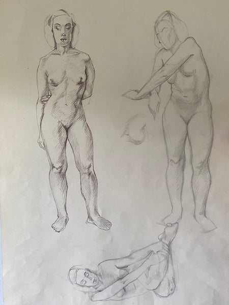 Vintage Double Sided Pen & Pencil Life Drawings Portraits Of A Sitting Nude Lady