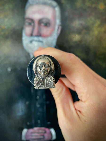 Rare Antique 19th Century Carved Horn & Sterling Silver Snuff Mull With Mysterious Allegorical Silver Head - Source Vintage