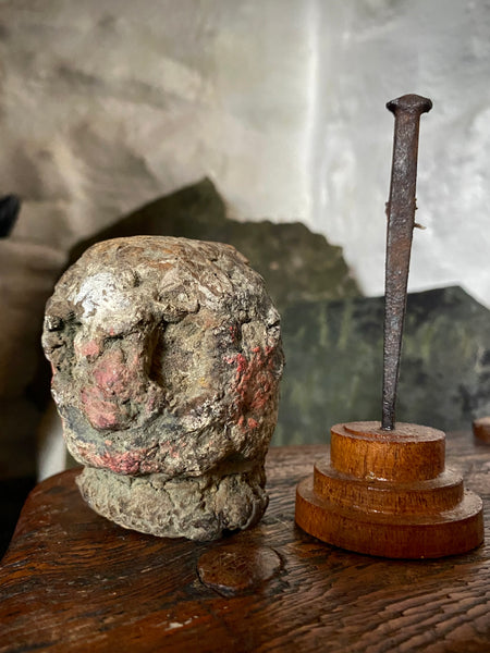 Disturbing Rare Antique 18th Century Early Composition Folk Art Witches Doll Head On Later Made Stand