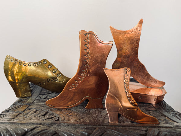 Charming Collection Of 4 Antique Victorian Copper & Brass Folk Art Mantle Boots