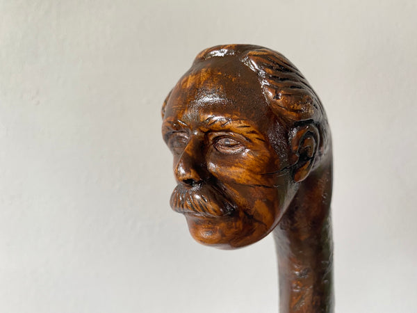 Rare Antique Early 20th Century Folk Art Hand Carved Figural Walking Stick In The Form Of Lloyd George