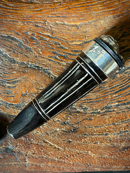 Rare Antique 19th Century Carved Horn & Sterling Silver Snuff Mull With Mysterious Allegorical Silver Head - Source Vintage