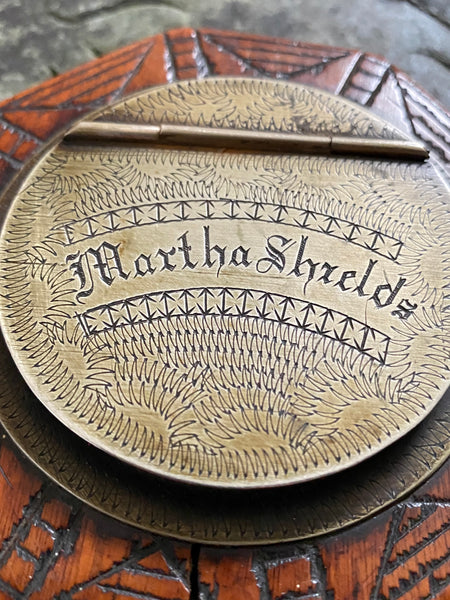 Exceptional Antique Early 19th Century Treen & Brass Folk Art Snuff Box Named ‘Martha Shields’